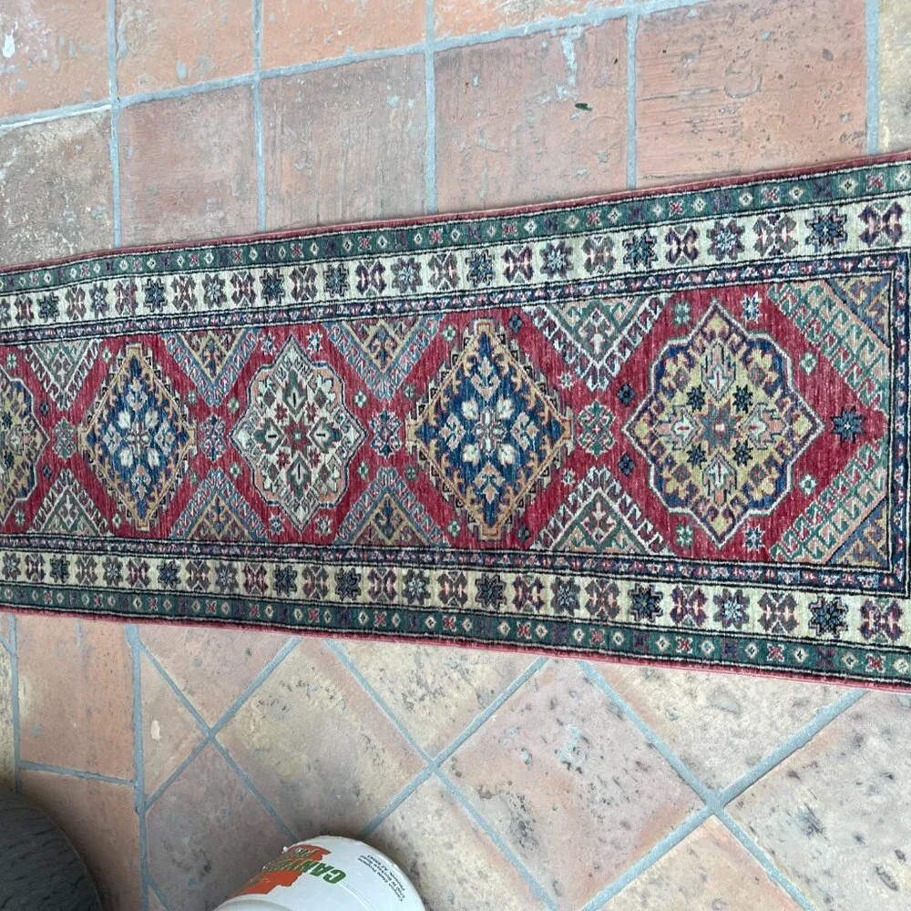 Vintage Pakistan Hand-Knotted Red Tribal Geometric Wool Runner Rug - 7'L x 2.5'